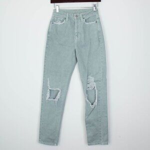 American Eagle Womens‎ Mom Straight Jeans Size 00 Long Green Distressed Grunge